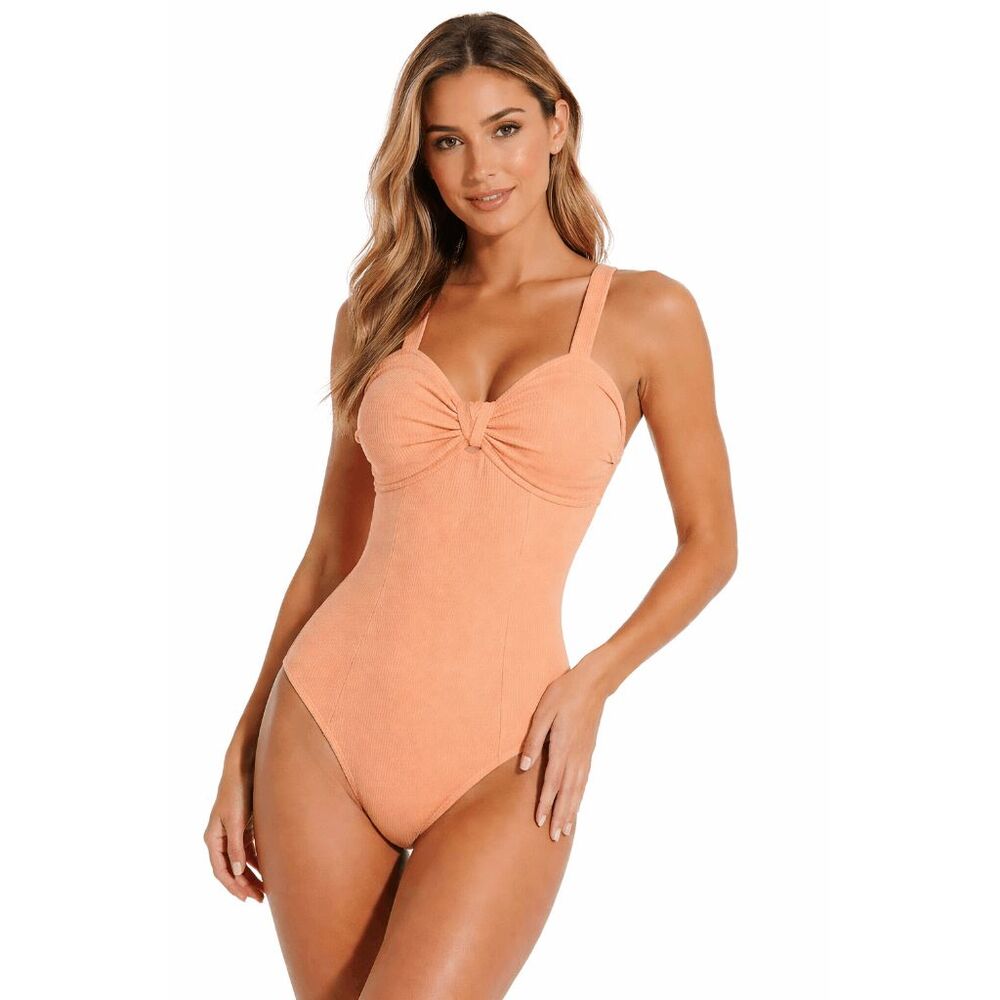 Magnolia Place Peach Ribbed Knot Front Textured Wide Strap One-Piece Swimsuit M